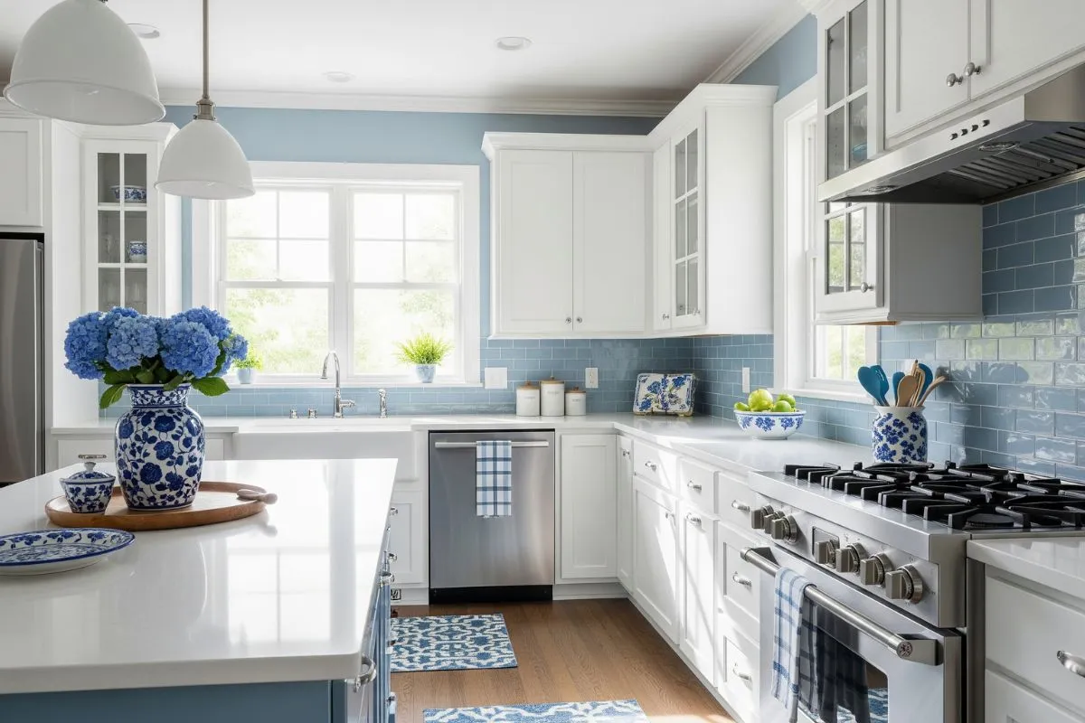 A sleek dual-tone kitchen showing deep blue bottom cabinets paired with crisp white upper shelving.