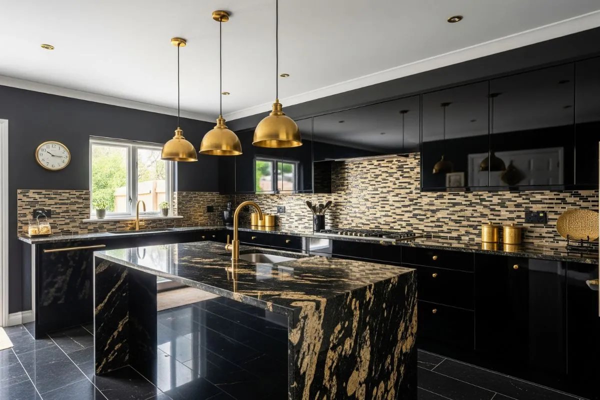 A dramatic modular kitchen featuring matte black cabinets, gold fixtures, and a black marble island.