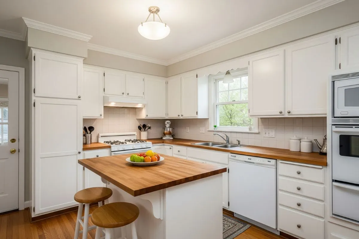 A classic kitchen design with minimalist white upper cabinets and warm wood lower storage units.