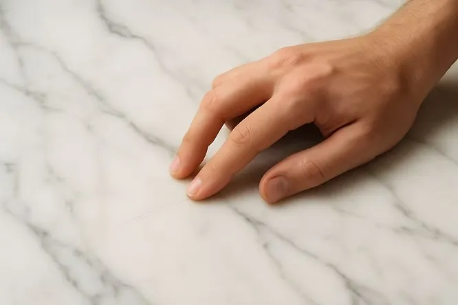 Hand inspecting a faint scratch on a smooth white Italian marble slab to assess authenticity.