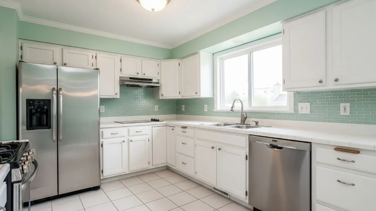 A modern island kitchen featuring light green cabinets, marble countertops, and warm under-cabinet lighting.
