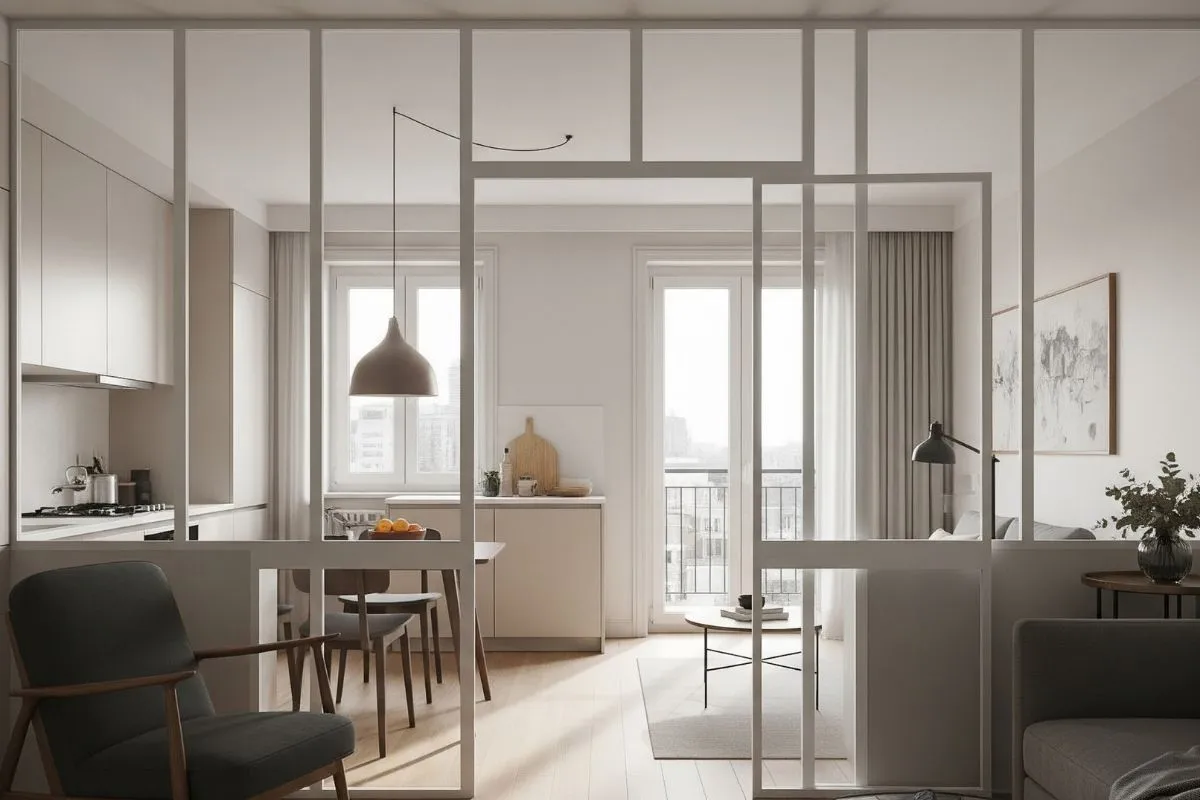 A realistic image of a 2 BHK home interior with glass partitions that visually open up the space while maintaining distinct areas and a clean, modern look.