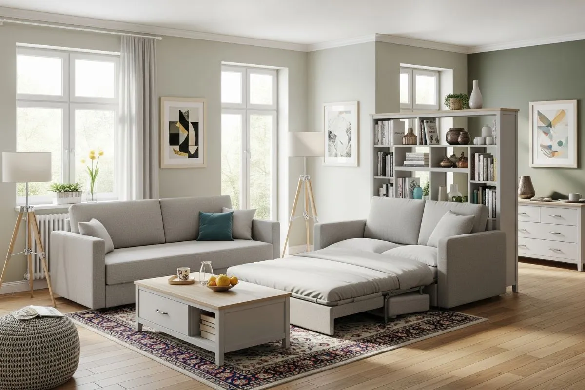 A realistic image of a 2 BHK home interior room featuring multi-functional furniture, including a sofa that converts into a bed, to maximize space.