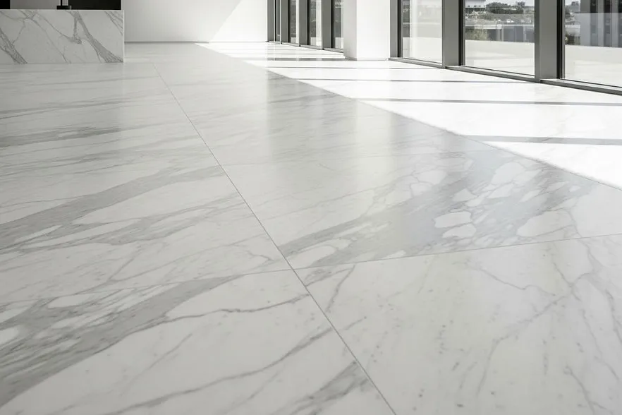 A luxurious living room featuring highly polished white Italian marble flooring with seamless grey veining.