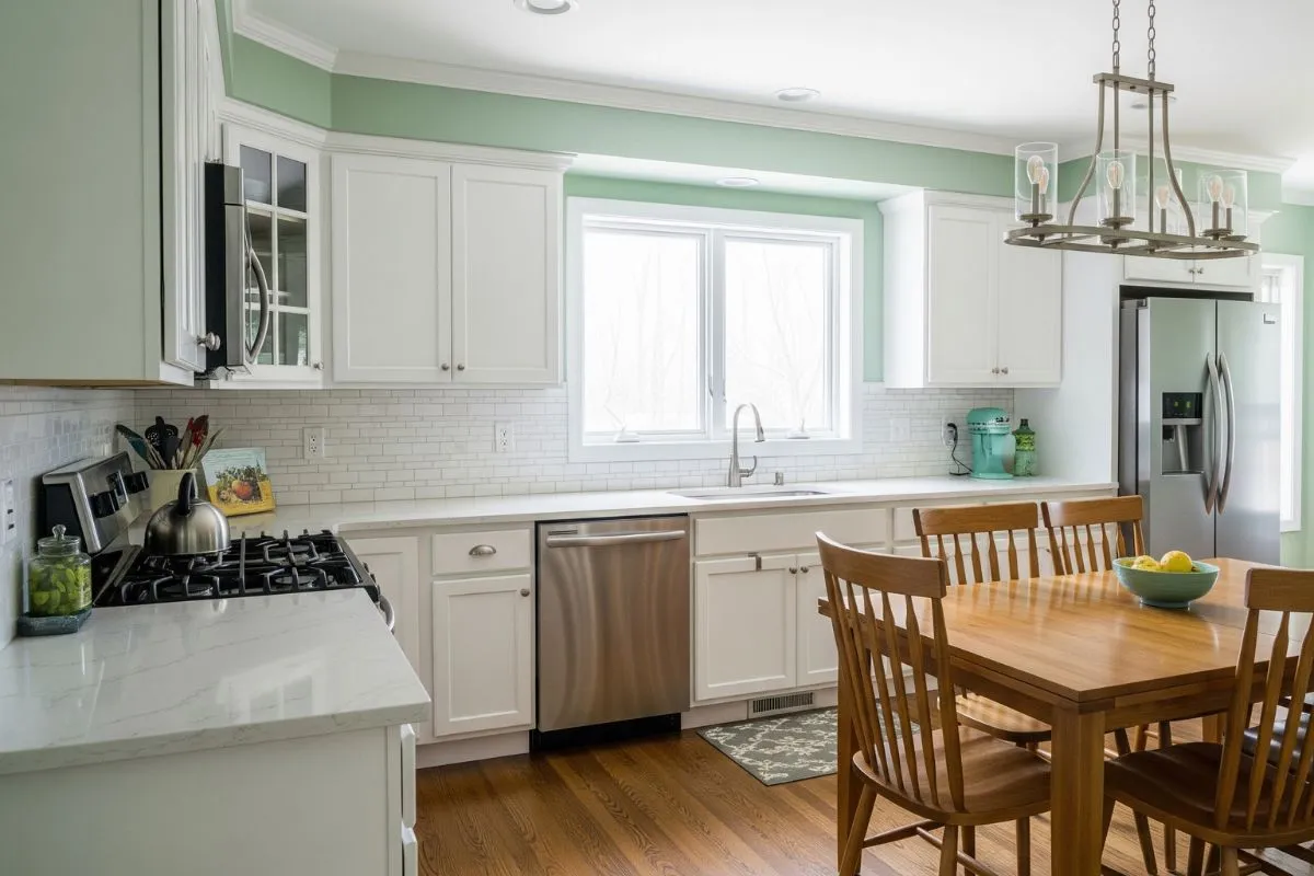 A refreshing mint green and white modular kitchen featuring integrated appliances and a large window.
