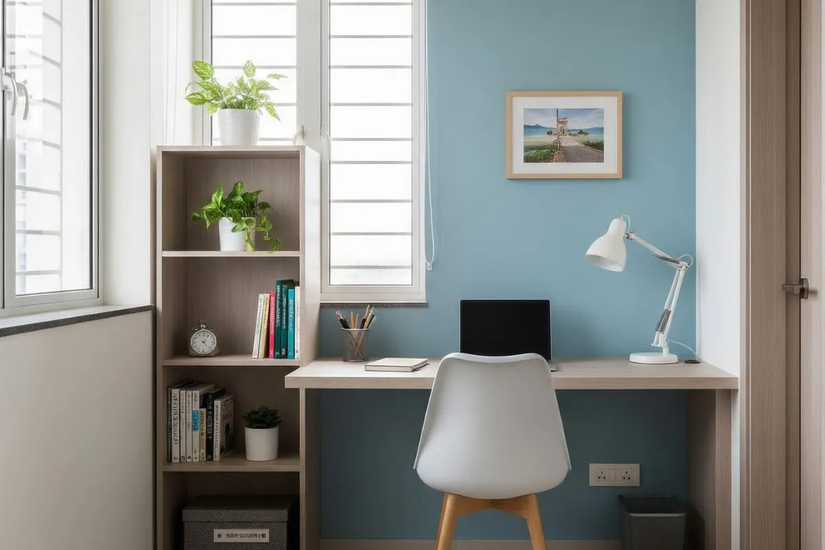A realistic image of a study zone in a 2 BHK home interior, showing a neat and clean room with a desk, bookshelf, and a calming blue wall.