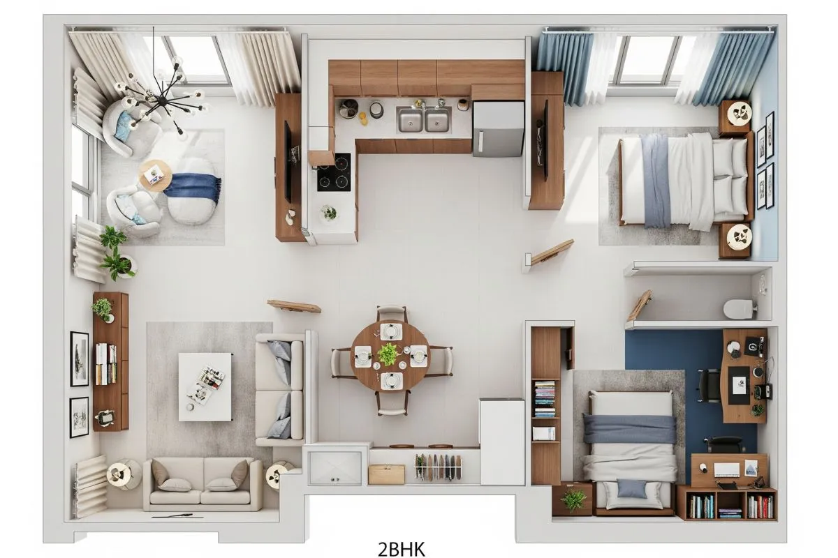 A realistic image of a 2 BHK home interior room featuring multi-functional furniture, including a sofa that converts into a bed, to maximize space.