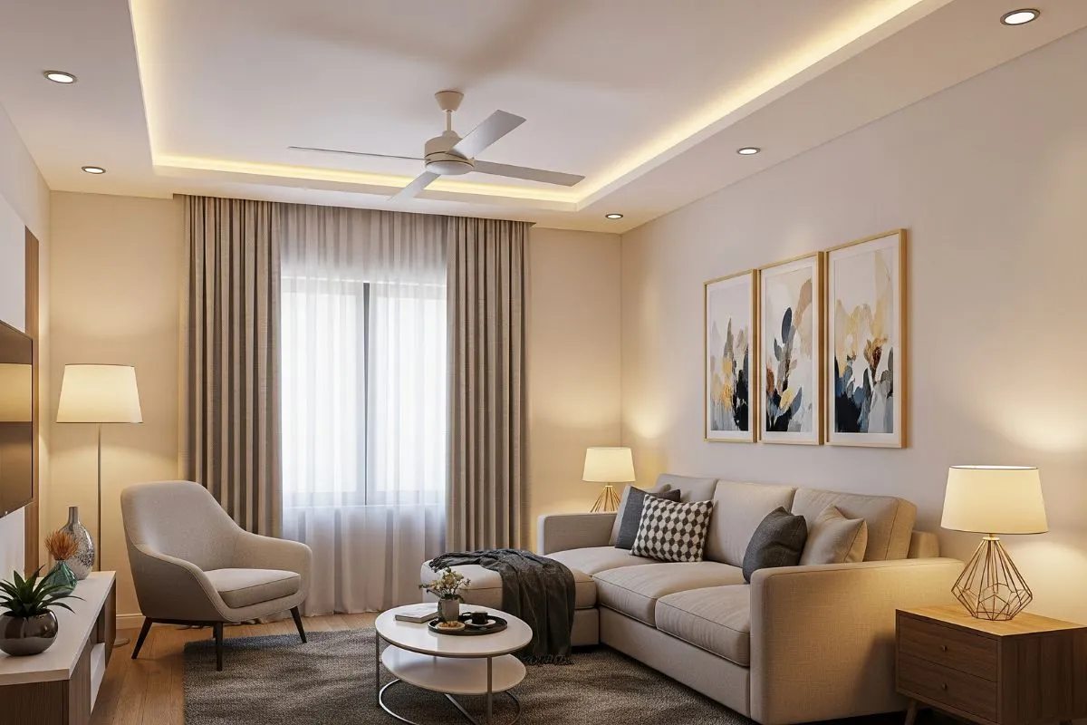 A realistic image of a 2 BHK home interior room with layered lighting from ceiling lights, floor lamps, and table lamps creating a warm and inviting atmosphere.