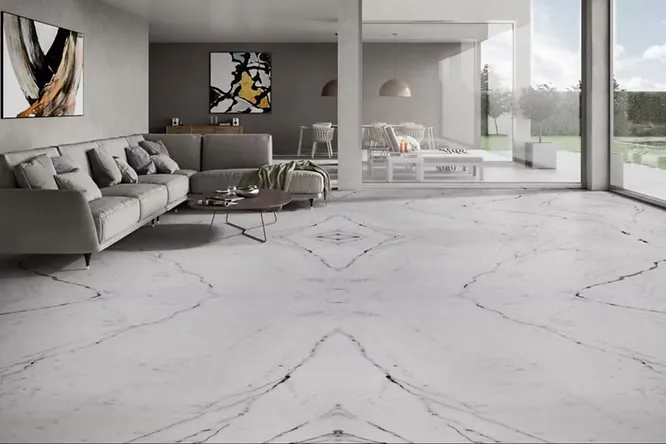 Modern living room with elegant Italian marble flooring and luxury interior decor.