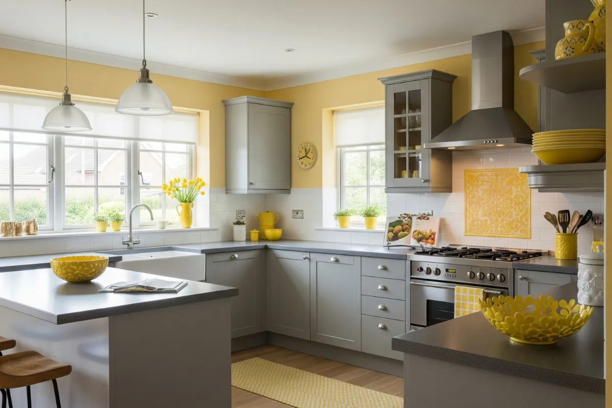 A cheerful kitchen setup with vibrant yellow lower cabinets balanced by sleek dark grey upper units.