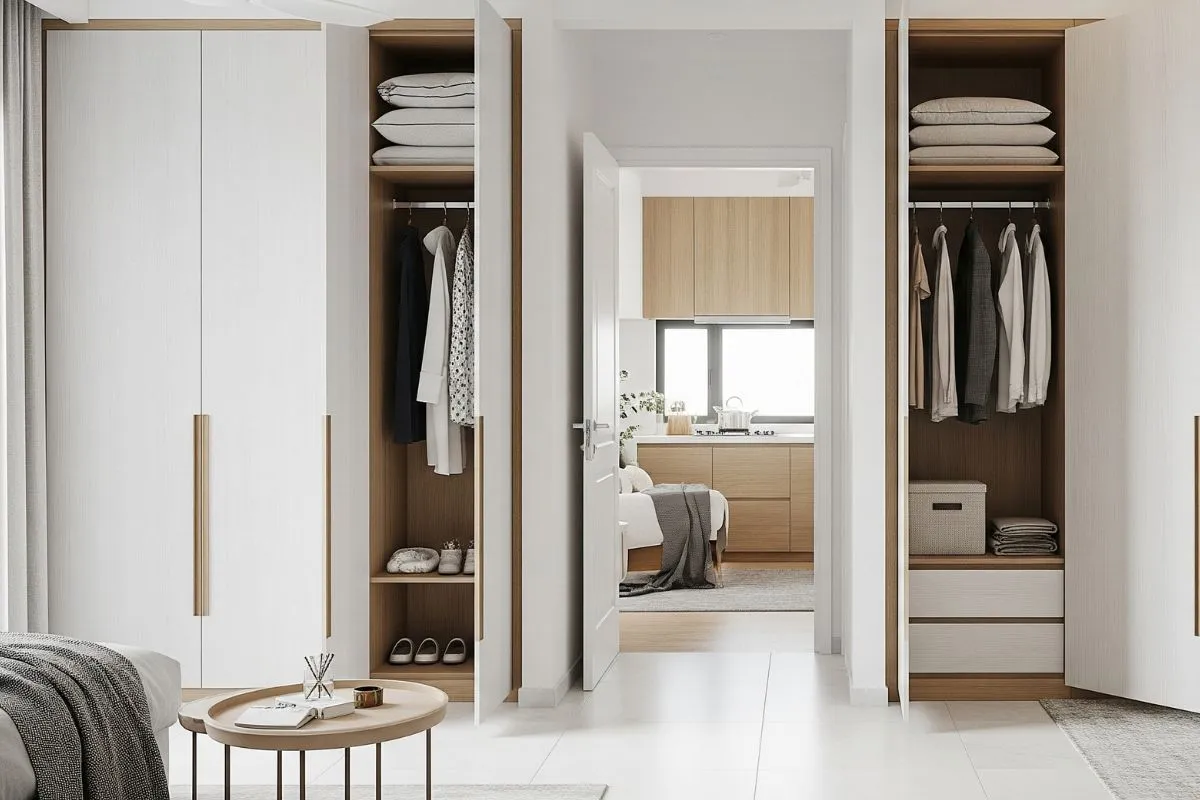 A realistic image of a 2 BHK home interior featuring ceiling-height wardrobes for extra storage, with a neat and clean design that optimizes vertical space.