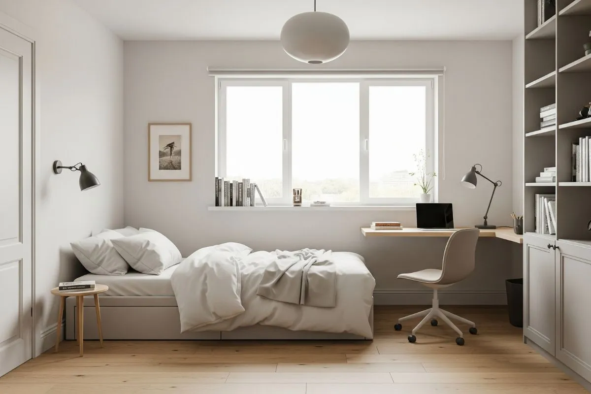 A realistic image of a small 2 BHK home interior room with a bed shifted to one side to open up space for a compact study area. The room looks neat and clean.