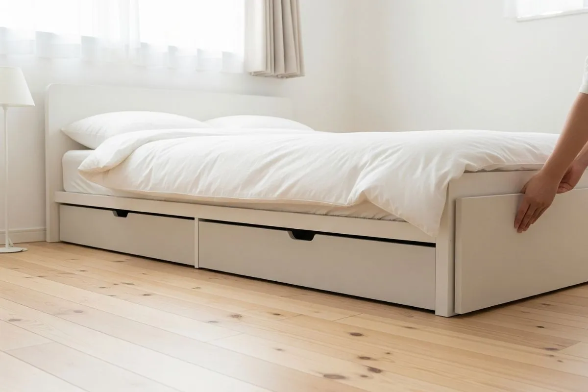 A realistic close-up image of under-bed drawers in a neat and clean room, showcasing a practical storage solution for a 2 BHK home interior.