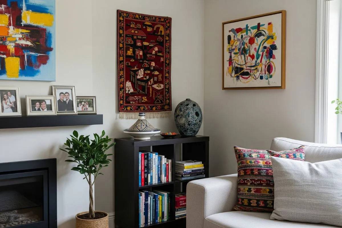 A cozy living room with personal photos and vibrant art, showing how to personalize home interiors.