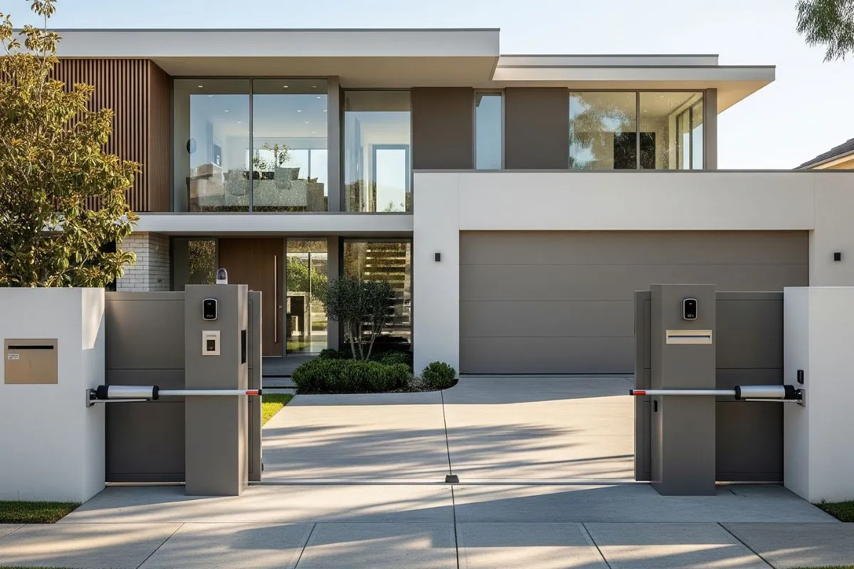 A modern home with a contemporary home front design, featuring an integrated gray garage door, large glass windows, and a sleek, automated dual-arm gate that blends seamlessly with the white and gray exterior.