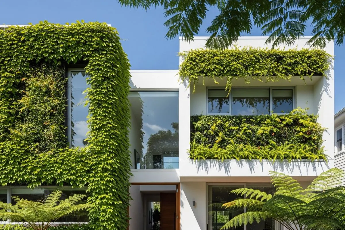 A stunning white modern home with a vibrant green facade, where lush green ivy and ferns create a living wall effect, blurring the lines between nature and a sleek home front design.