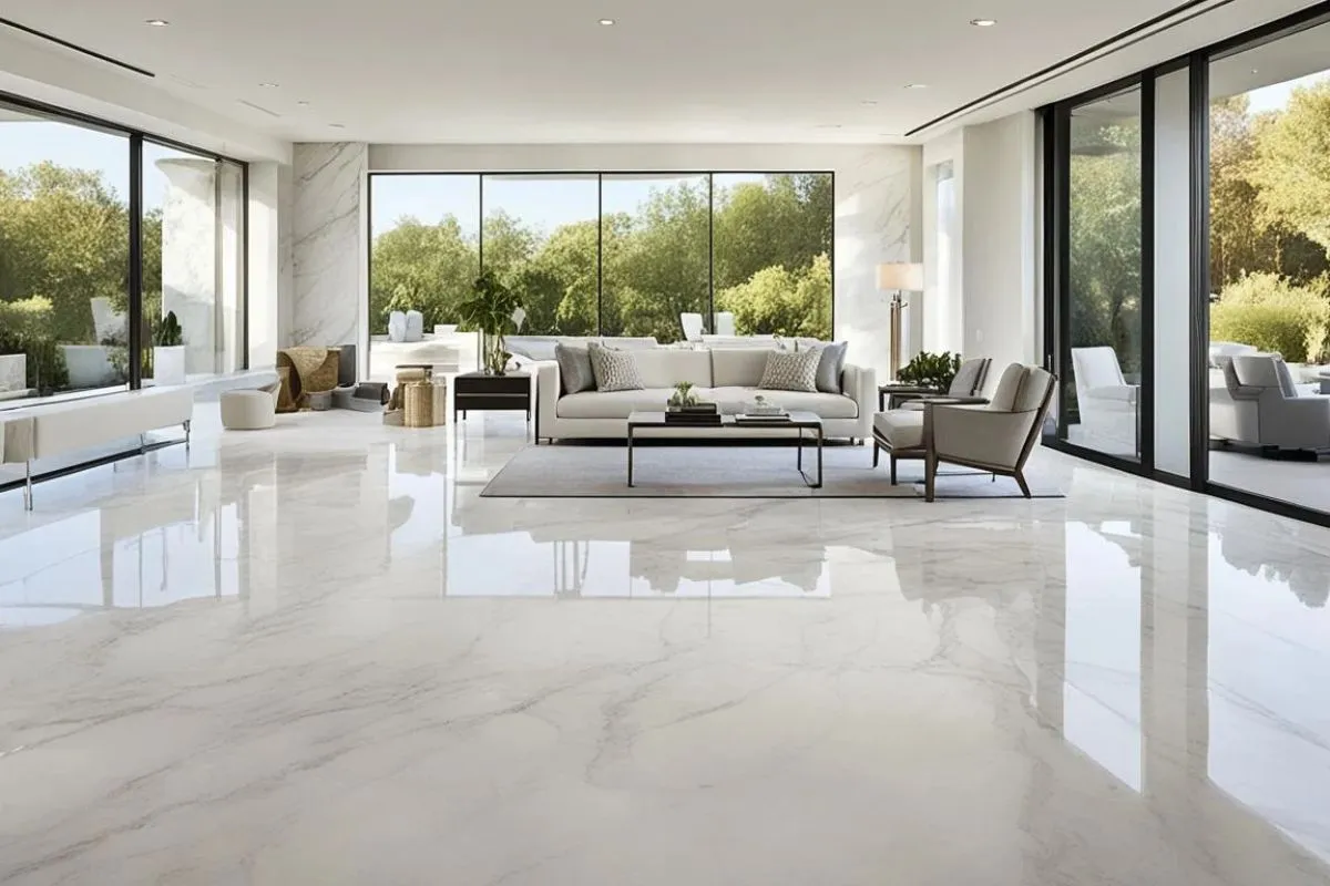 A modern living room with large windows and a glossy white floor made of Carrara marble, reflecting the natural light from outside.
