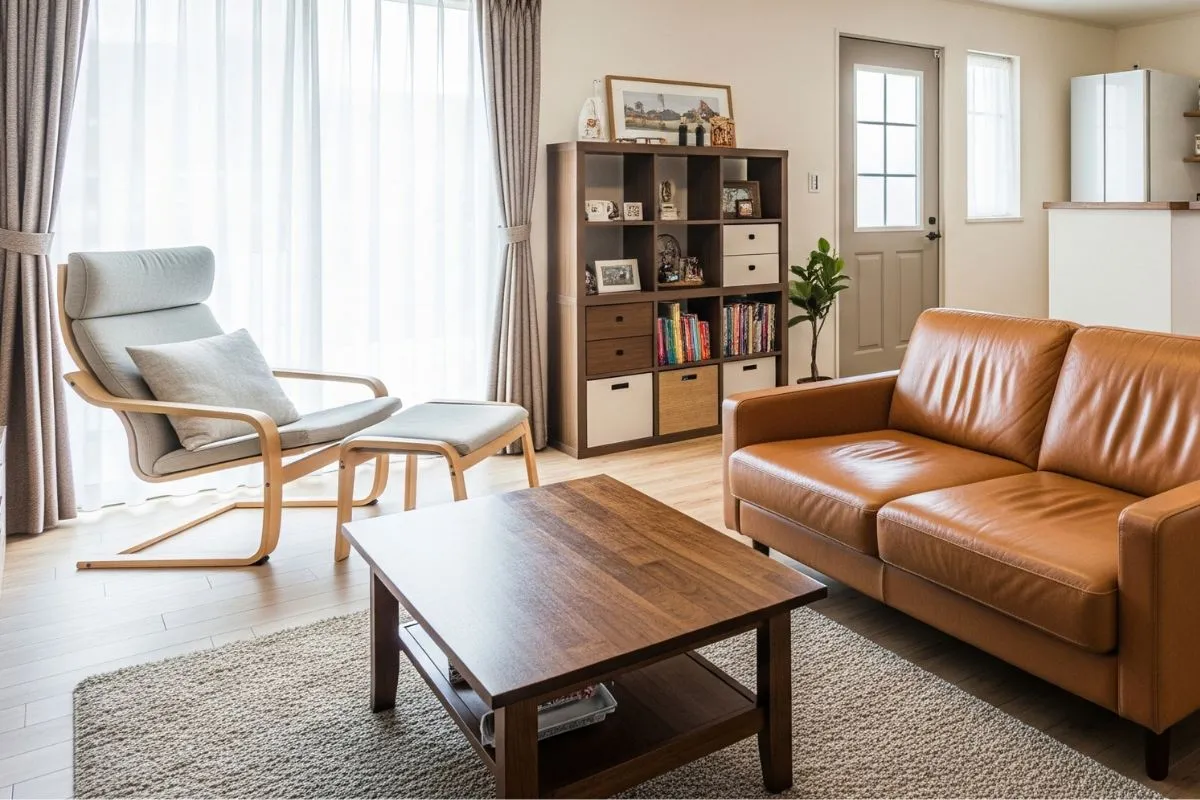 A functional living room with a comfortable chair, bookcase, and a large sofa, highlighting smart, functional home interiors.