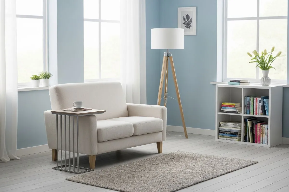 A small, modern room with a compact love seat and bookcase, showcasing how to select the right furniture for small home interiors.