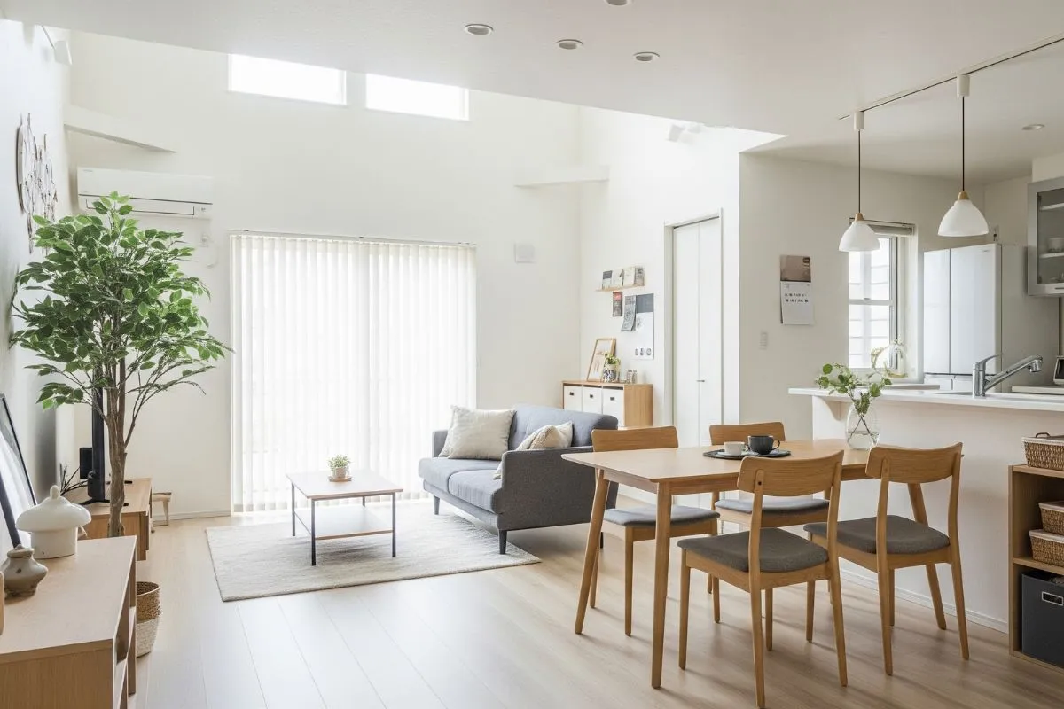 A bright, open living and dining area with modern furniture, showing how to avoid overcrowding your home interiors.