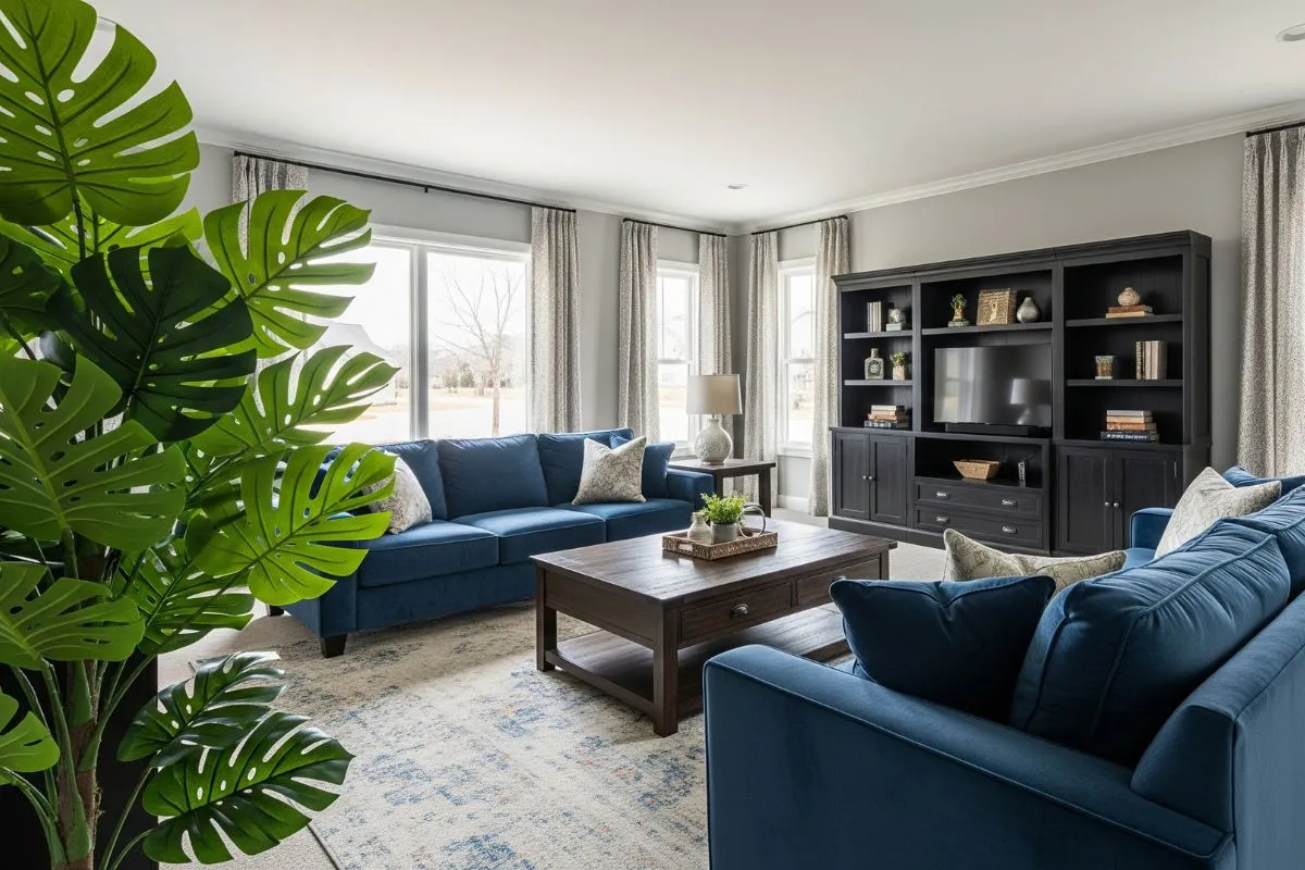 A living room with a blue sofa and grey walls, demonstrating how to use colors effectively for home interiors.