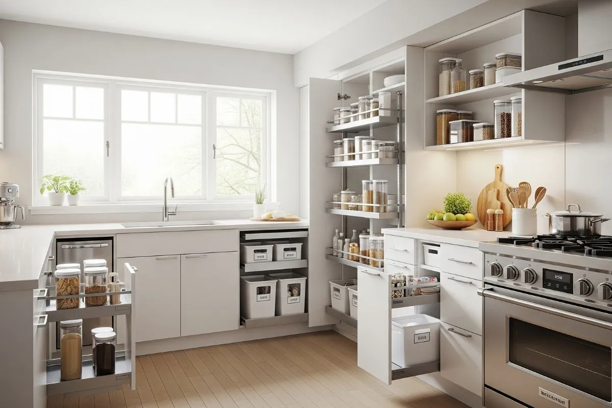 A sleek kitchen with organized pull-out drawers and smart storage, showcasing functional home interiors.
