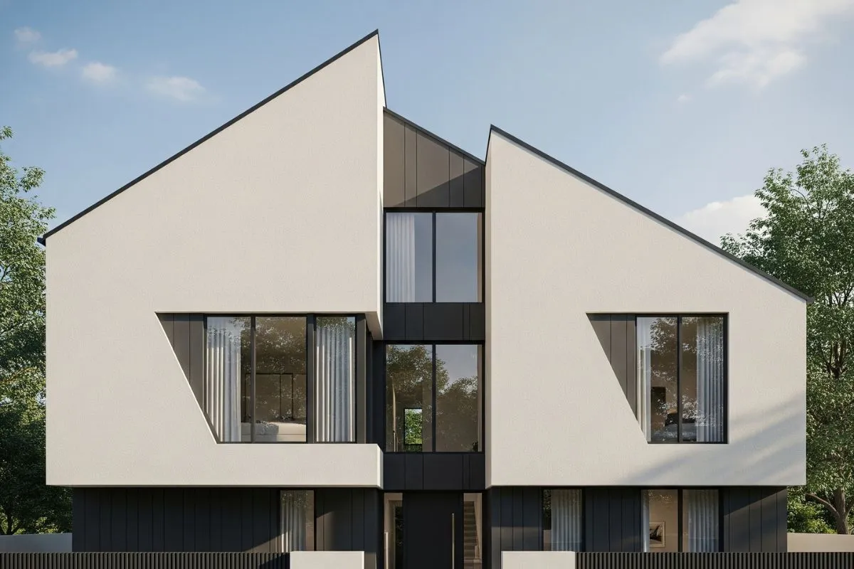 A modern home with a bold and unique home front design, featuring a white facade with sharp, asymmetrical rooflines and dark gray geometric patterns around the large windows.