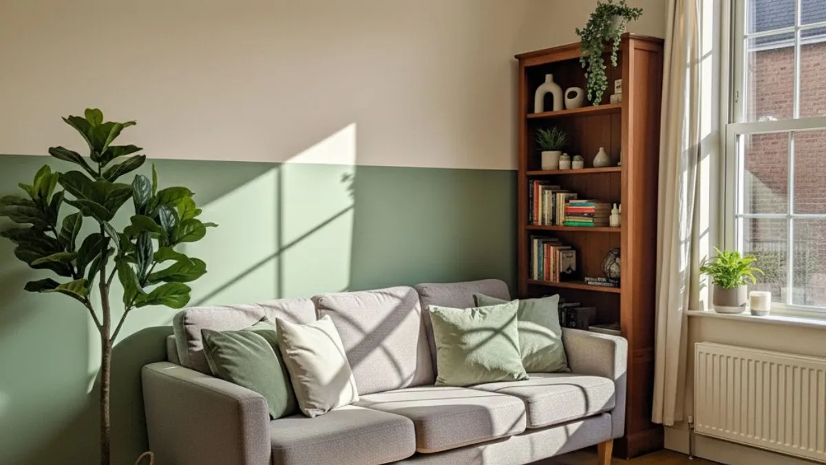 Cozy room highlighting mistakes to avoid when planning a design for home interiors, with a grey sofa and bookshelf.
