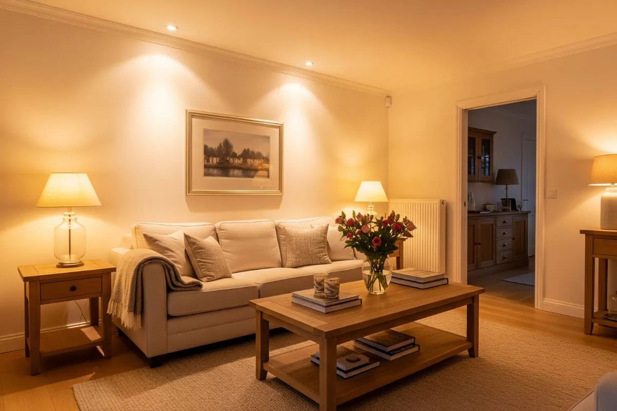A living room at night, illuminated by warm, cozy lighting, emphasizing the importance of light in home interiors.