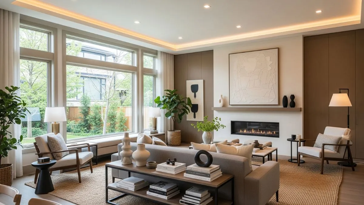 Modern living room featuring warm cove ceiling lighting, recessed spotlights, and strategic accent lamps.