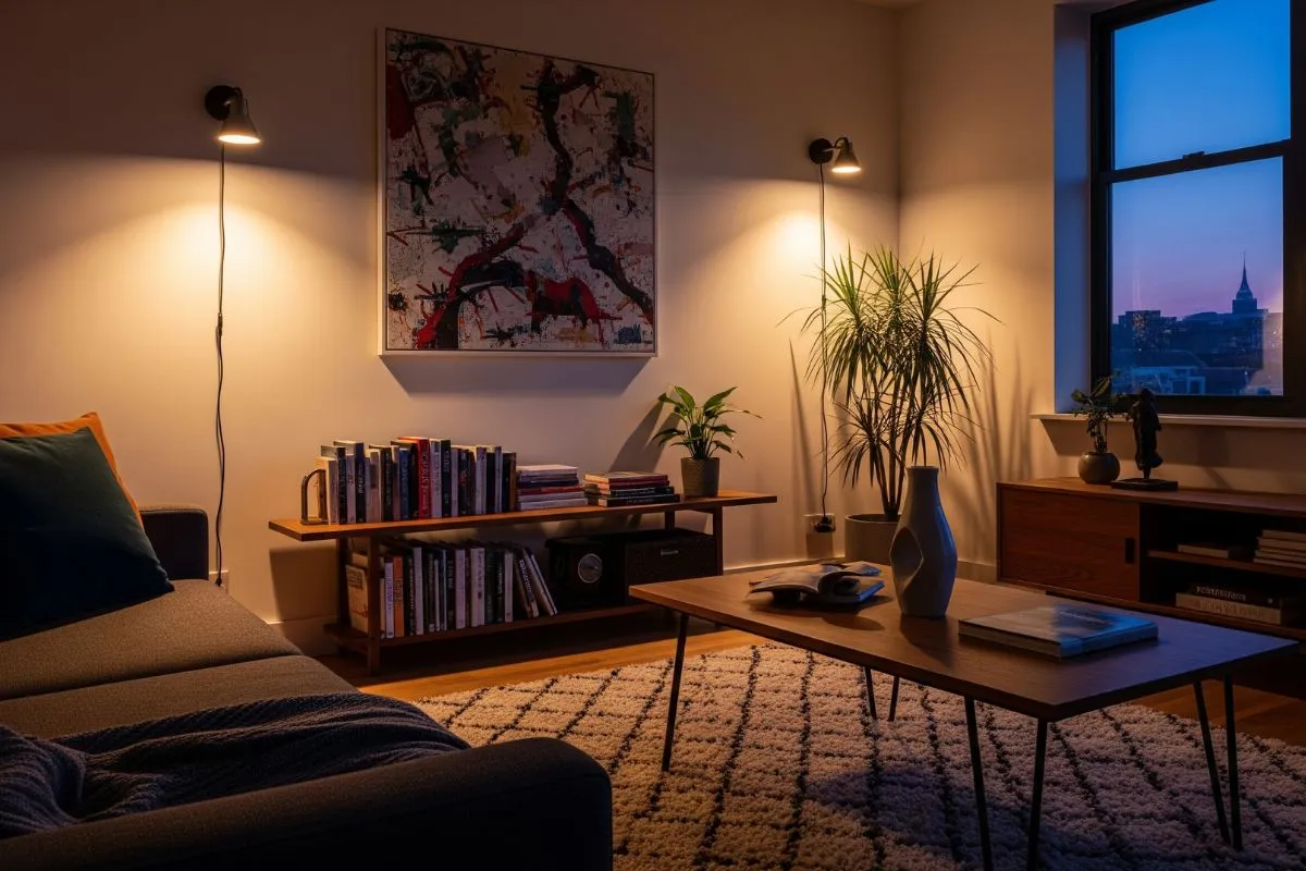 A living room with accent lighting, a great example of Types of Lighting in Interior Design. Two wall-mounted lights focus on a painting and a potted plant, drawing attention to these elements.