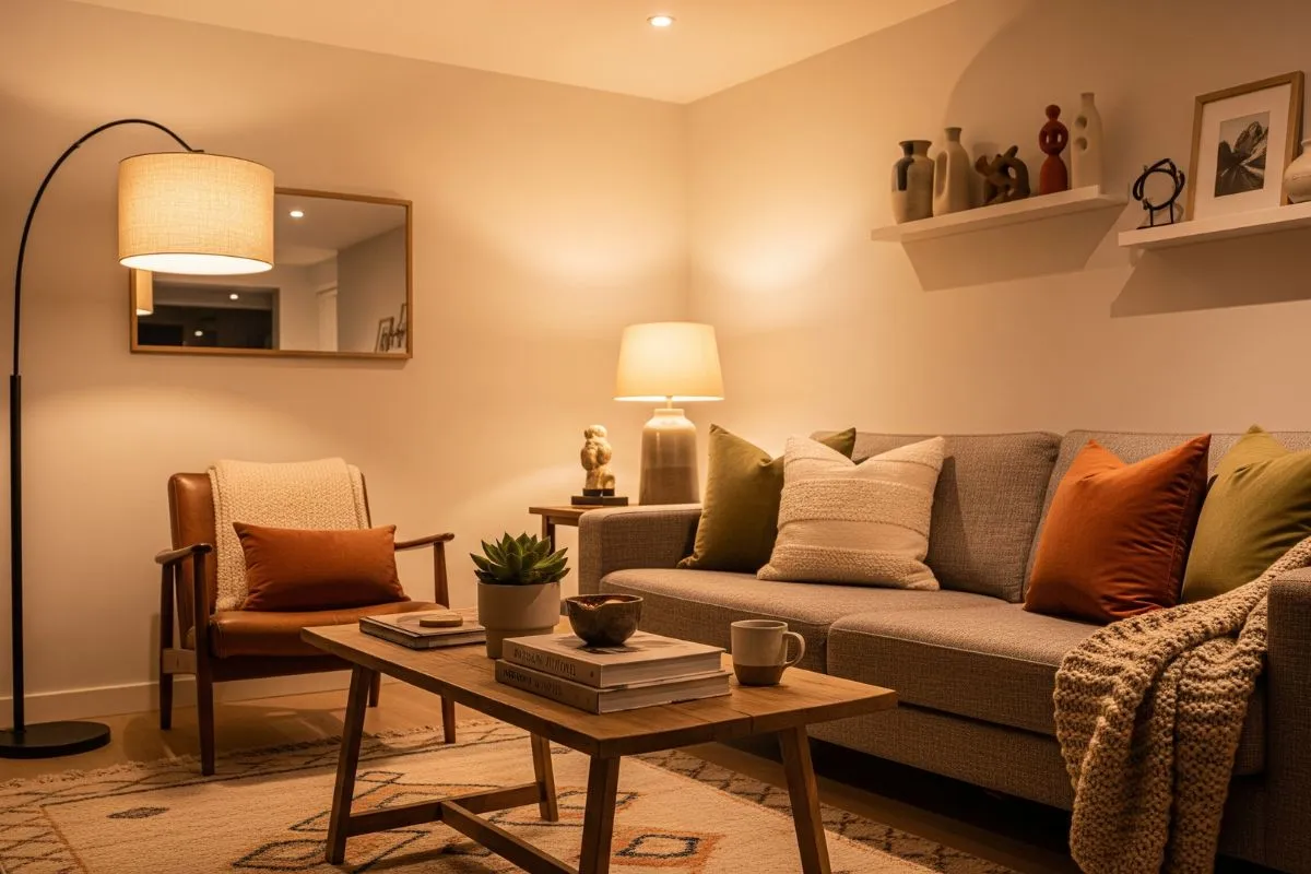 An image showing Types of Lighting in Interior Design with ambient lighting. A living room is softly lit by a floor lamp and a table lamp, creating a warm, inviting glow.