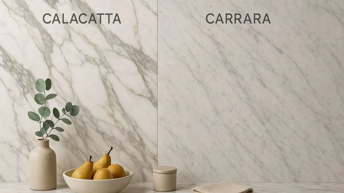 Visual comparison of Calacatta marble vs. Carrara marble, showing distinct bold veins next to softer gray veining.