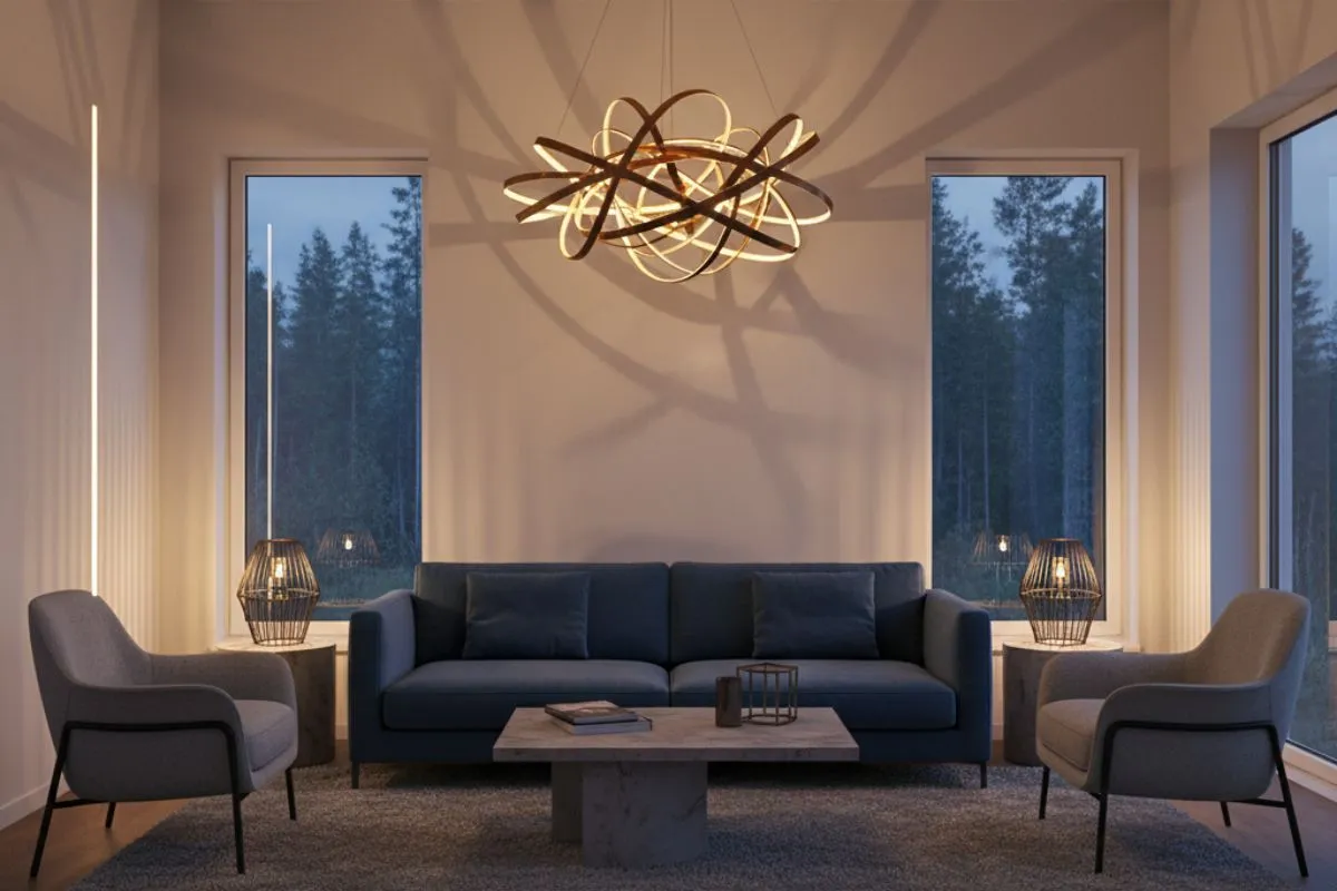 A living room with a unique, modern chandelier and two table lamps. This photo showcases Types of Lighting in Interior Design, specifically the use of decorative lighting as a centerpiece.