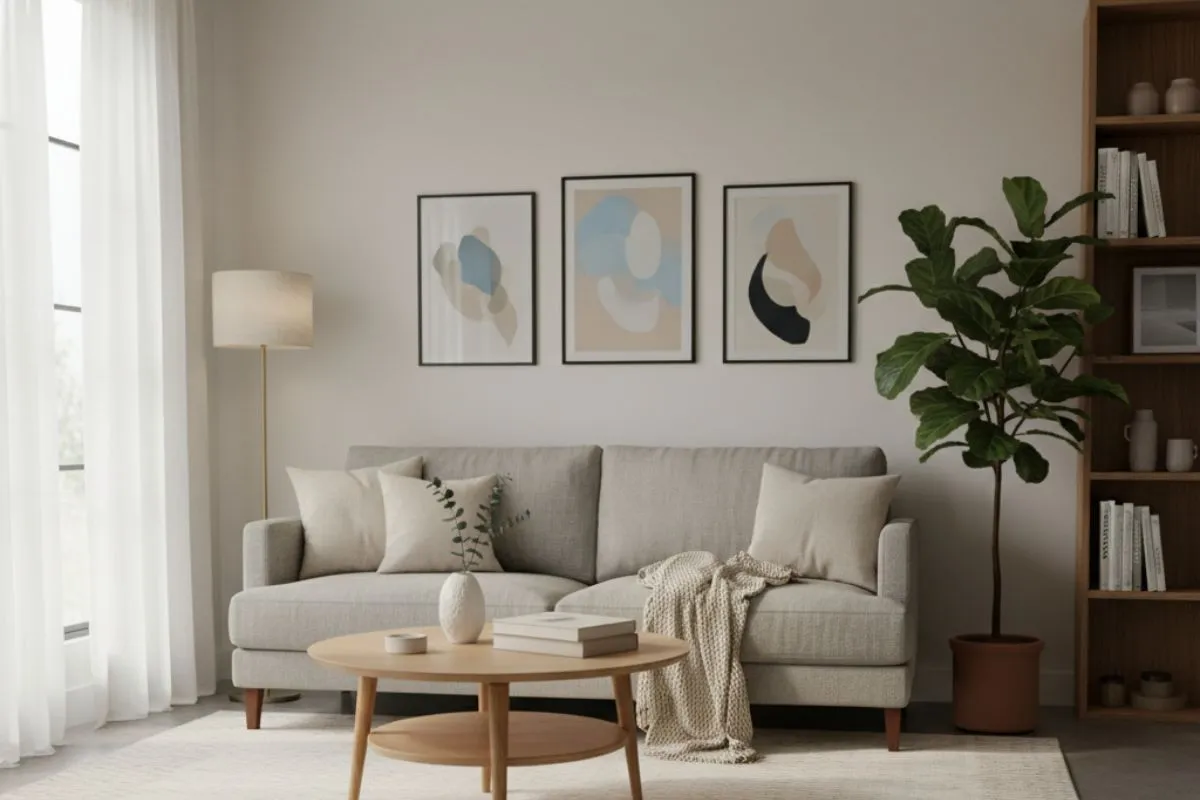Cozy living room showing simple home decor tips like framed abstract art, a neutral sofa, and a potted plant.