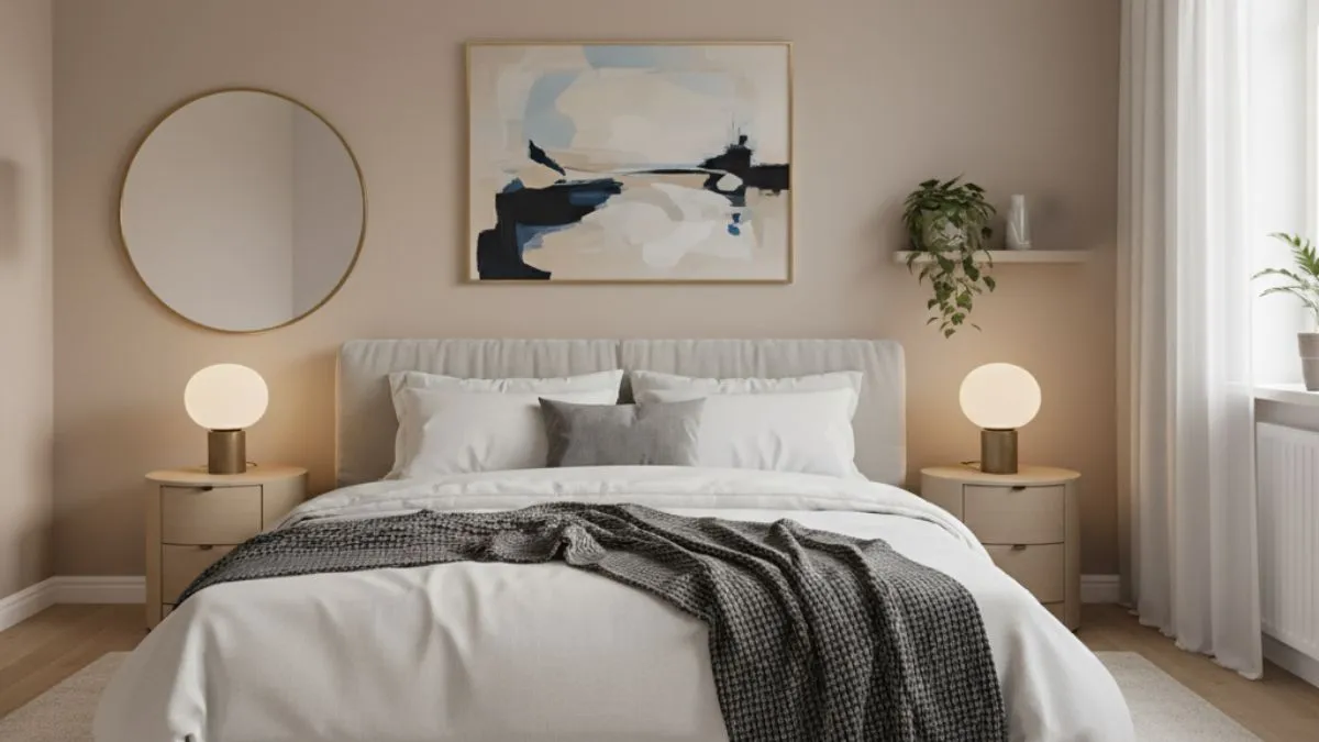 Elegant bedroom featuring simple home decor tips like a round wall mirror, abstract art, and matching bedside lamps.
