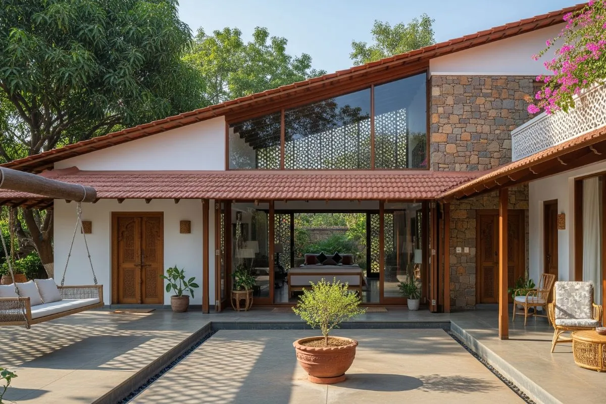 A traditional Indian villa with terracotta roof tiles, a central courtyard, a hanging porch swing, and stone accent walls.