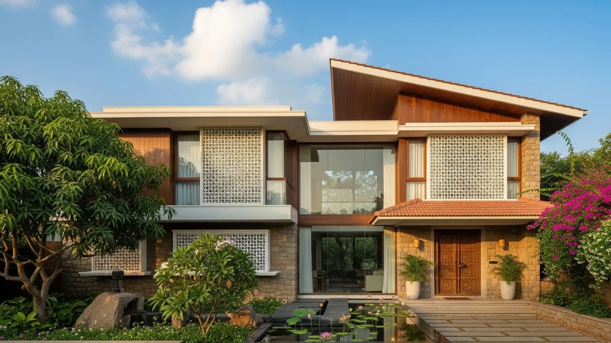 A luxury two-story modern house combining stone walls, intricate white jali screens, large glass panels, and a lily pond.