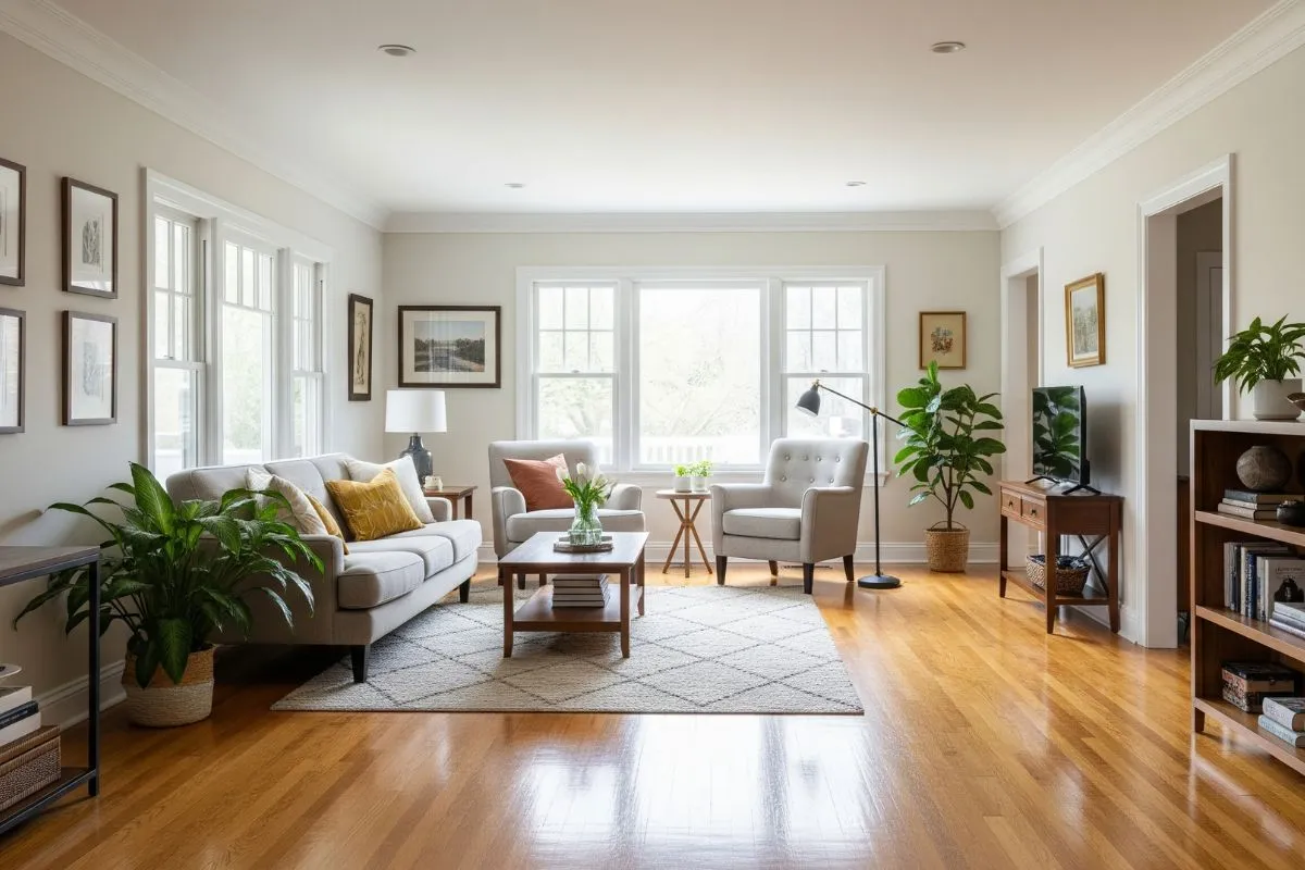 A sun-filled living room with large windows showcasing Types of Lighting in Interior Design. The room features a light grey sofa, two armchairs, and a wooden coffee table, all brightly illuminated by natural light.