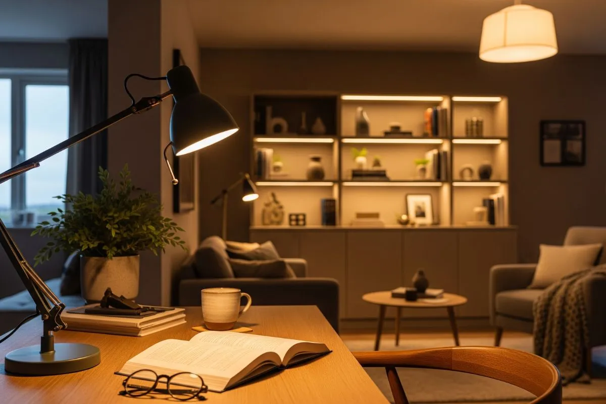 A desk area with an open book and reading glasses, lit by a task lamp, highlighting Types of Lighting in Interior Design. The focused light allows for clear visibility for work or reading.