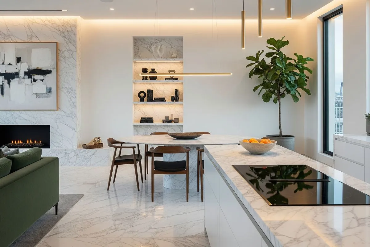 Bright kitchen showing what is Carrara marble, featuring soft gray veining on the flooring, island, and wall panels.
