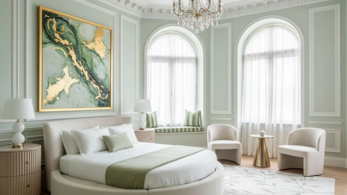 An elegant bedroom with pale green walls, a round cream bed, large arched windows, and a green and gold abstract painting.