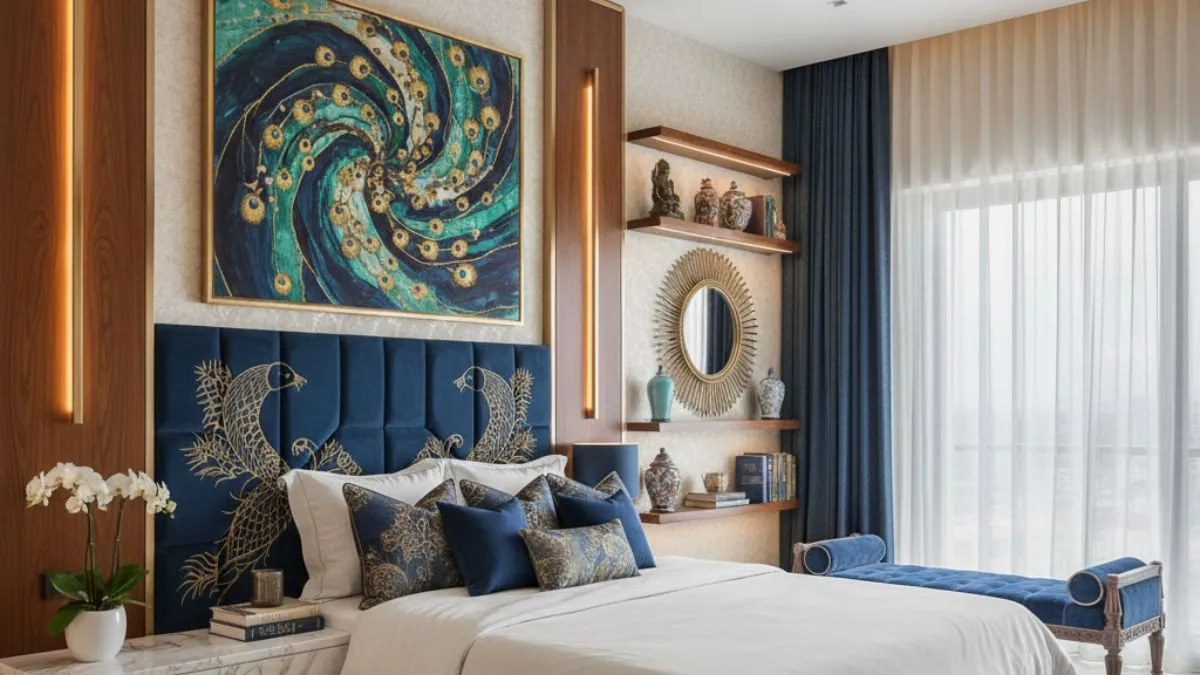 Elegant bedroom featuring a blue velvet headboard with gold embroidery and a vibrant peacock-themed wall painting, a rich Bedroom Wall Design.