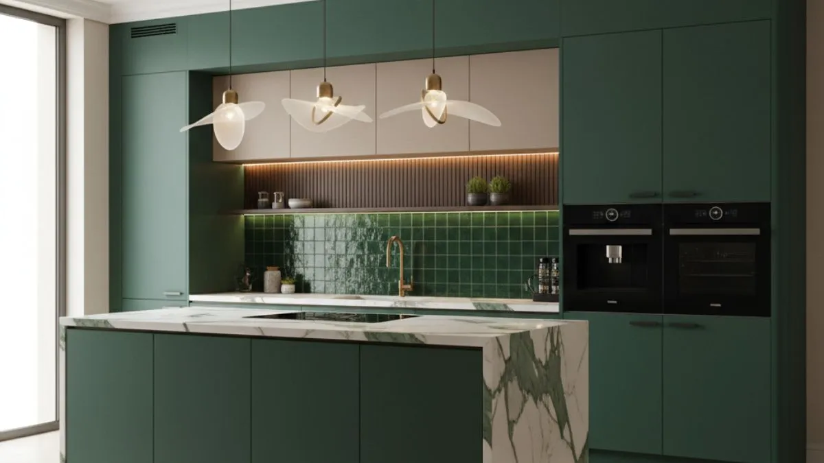 A luxurious green modular kitchen with a white marble island, glossy green tiled backsplash, and artistic pendant lights.