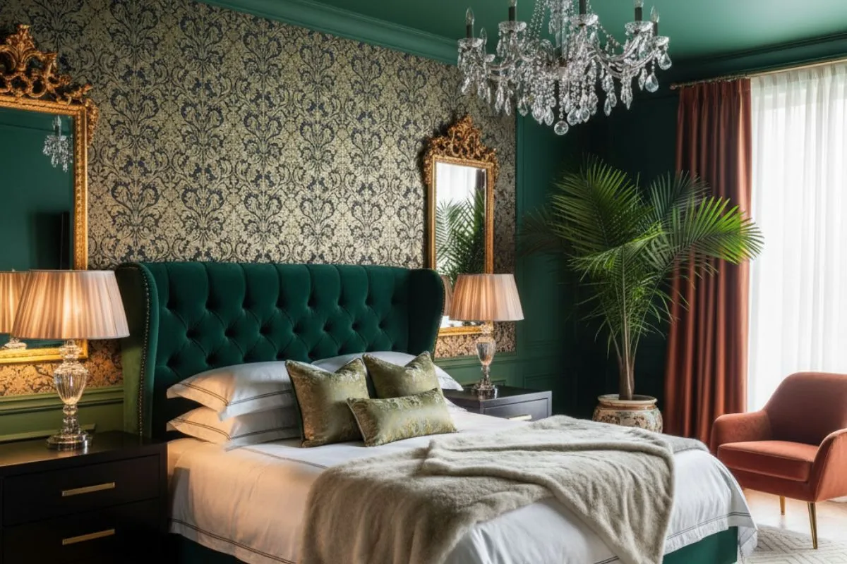 Luxurious bedroom with a bold green and gold damask pattern accent wall behind a green tufted headboard, creating a dramatic Bedroom Wall Design.