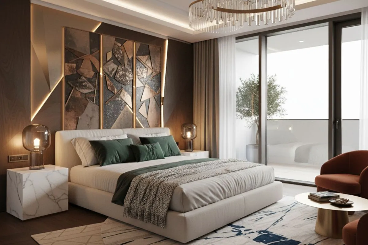Luxury bedroom featuring a unique geometric metal and wood wall mural behind the bed, which is an expressive Bedroom Wall Design choice.