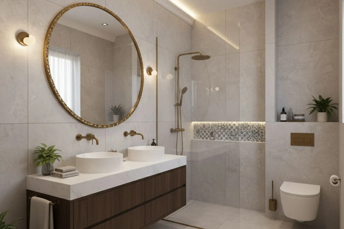 A luxurious minimalist bathroom fitted with dual vessel sinks on a floating wooden vanity, a large round gold-trimmed mirror, gold shower fixtures, and textured grey wall tiles.