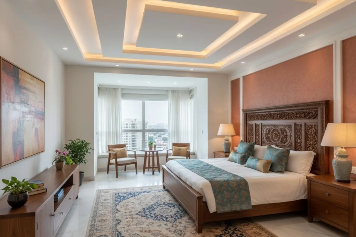 Elegant Indian bedroom featuring an intricately carved wooden headboard, a layered recessed ceiling with warm cove lighting, and a traditional patterned area rug.