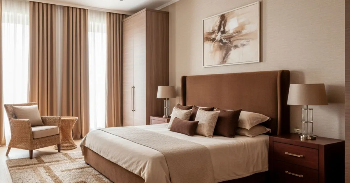 A luxurious bedroom in Beige and Warm Brown Bedroom Colour Combinations. Features a brown velvet headboard, light beige bedding, and wood furniture for a cozy, earthy feel.