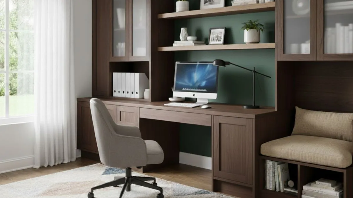 A home office featuring a dark wood built-in desk, a green accent wall, a computer, a grey chair, and a reading nook.